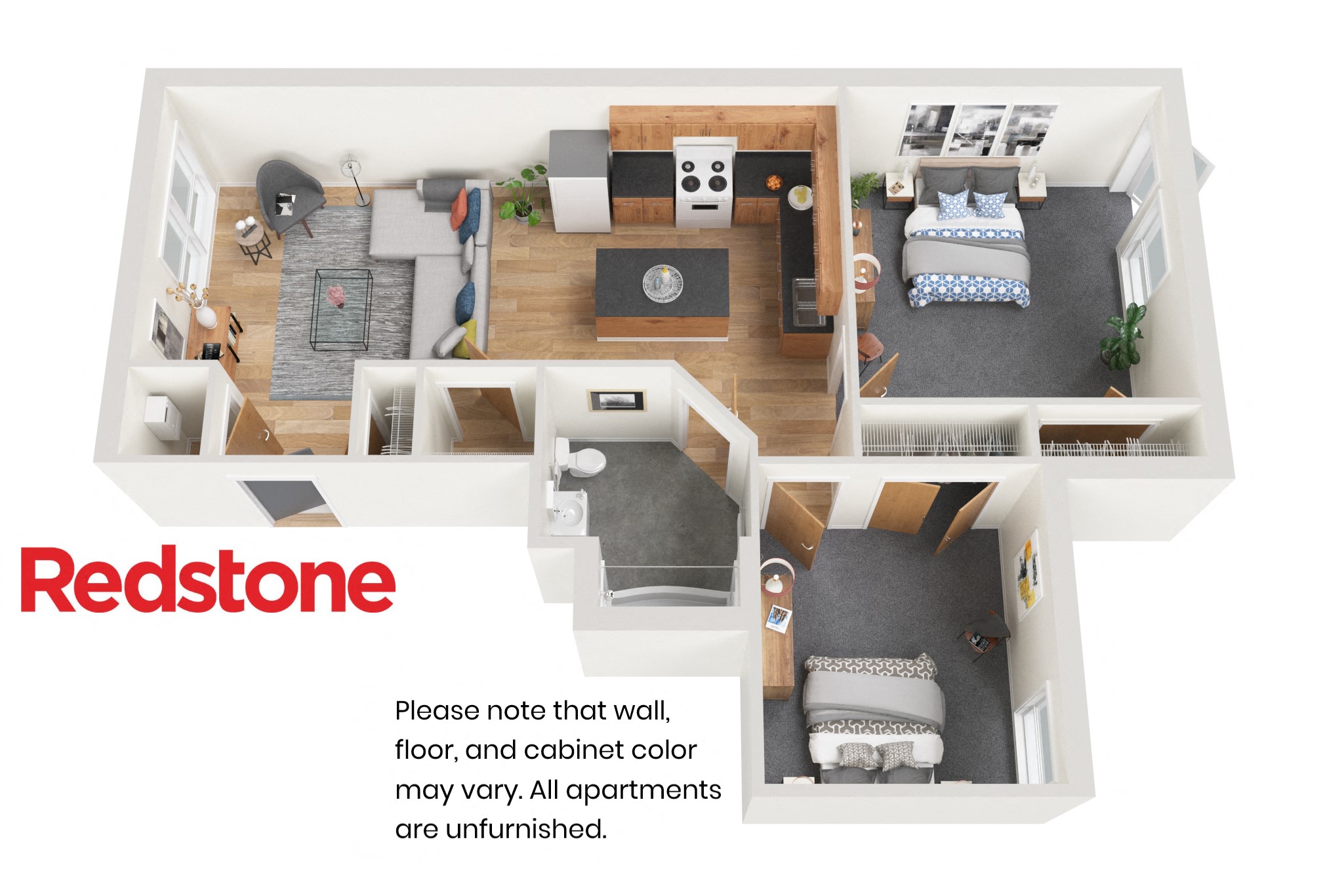 Floor plan for 2 beds, 1 bath, 743 sqft